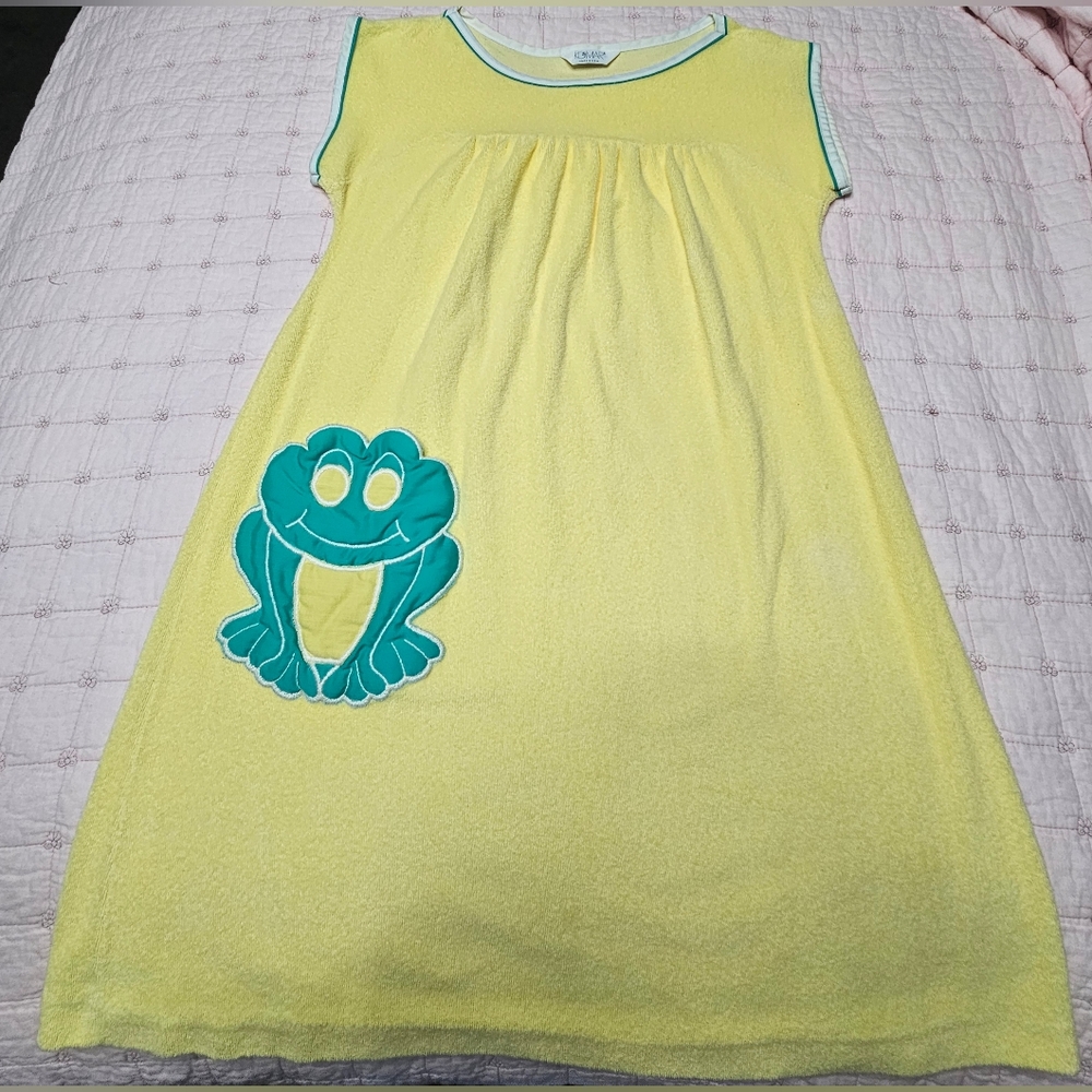 Vintage 80s Terry Cloth House Dress Nightgown Cover Up Frog Pocket Sz S/M